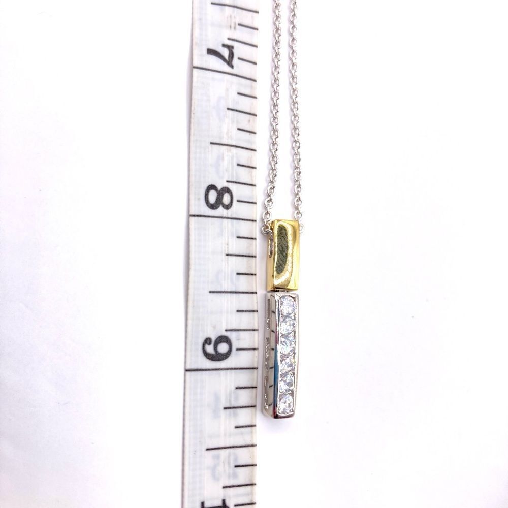 Silver and Gold Mixed Metal Rhinestone Bar Pendant Necklace - Picture 4 of 4